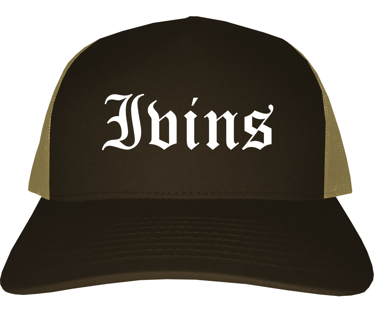 Ivins Utah UT Old English Mens Trucker Hat Cap Brown