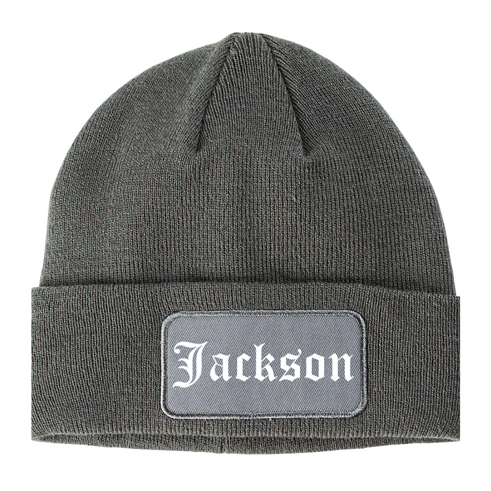 Jackson Alabama AL Old English Mens Knit Beanie Hat Cap Grey