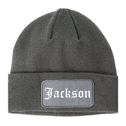 Jackson Alabama AL Old English Mens Knit Beanie Hat Cap Grey