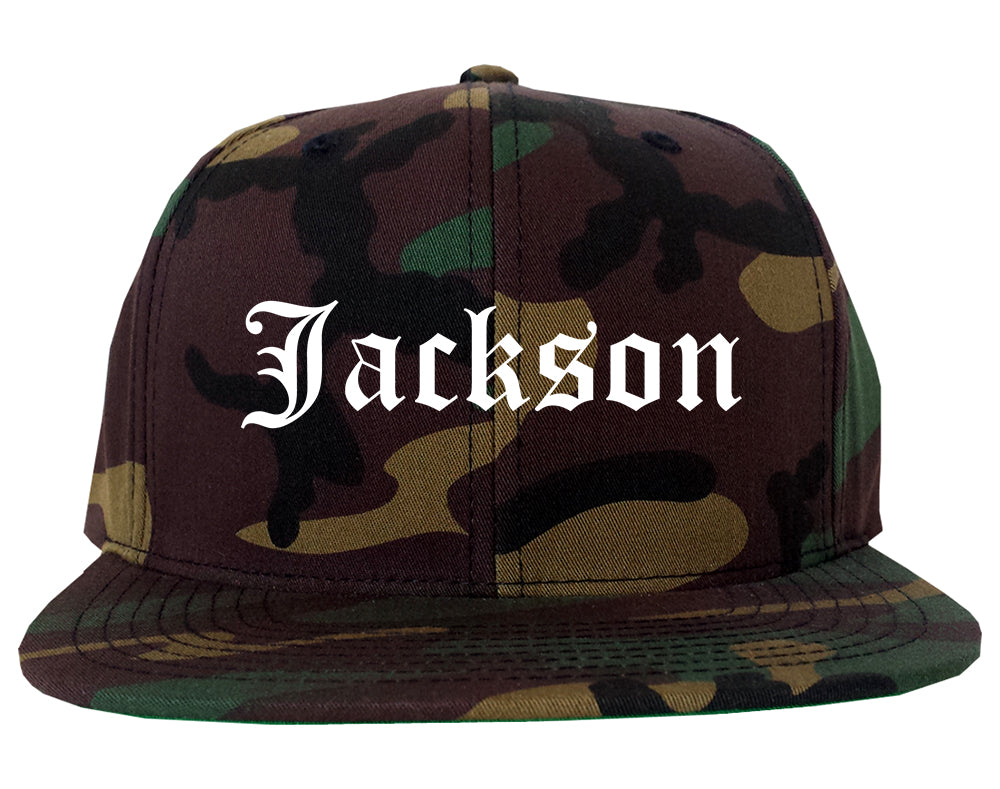 Jackson California CA Old English Mens Snapback Hat Army Camo