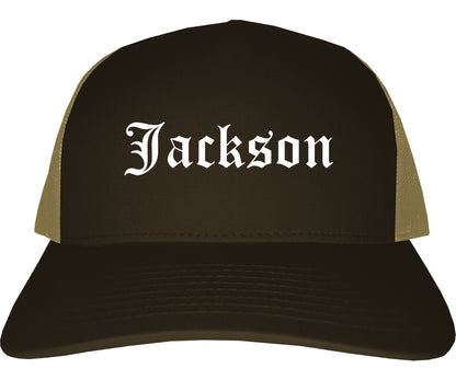 Jackson California CA Old English Mens Trucker Hat Cap Brown