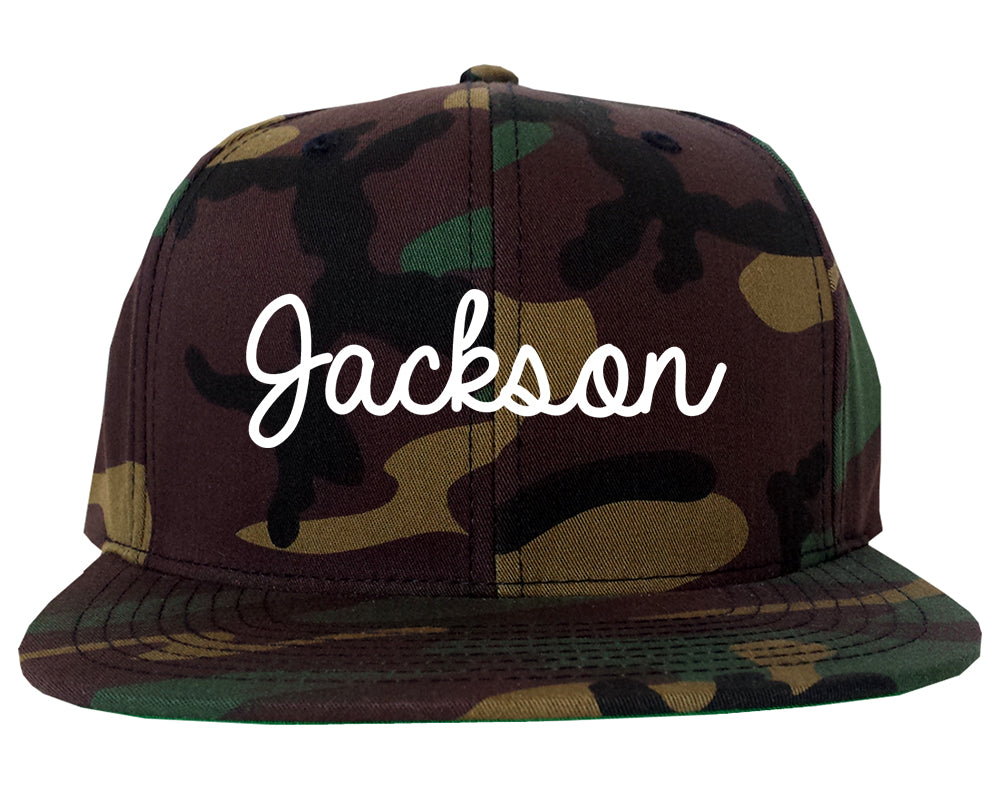 Jackson California CA Script Mens Snapback Hat Army Camo