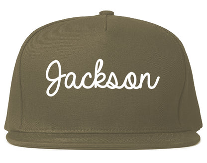 Jackson California CA Script Mens Snapback Hat Grey