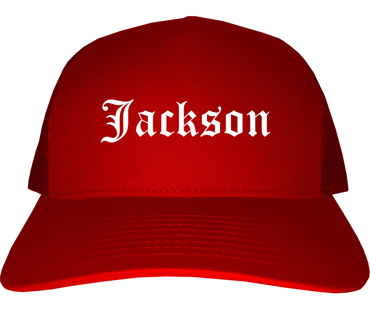 Jackson Georgia GA Old English Mens Trucker Hat Cap Red