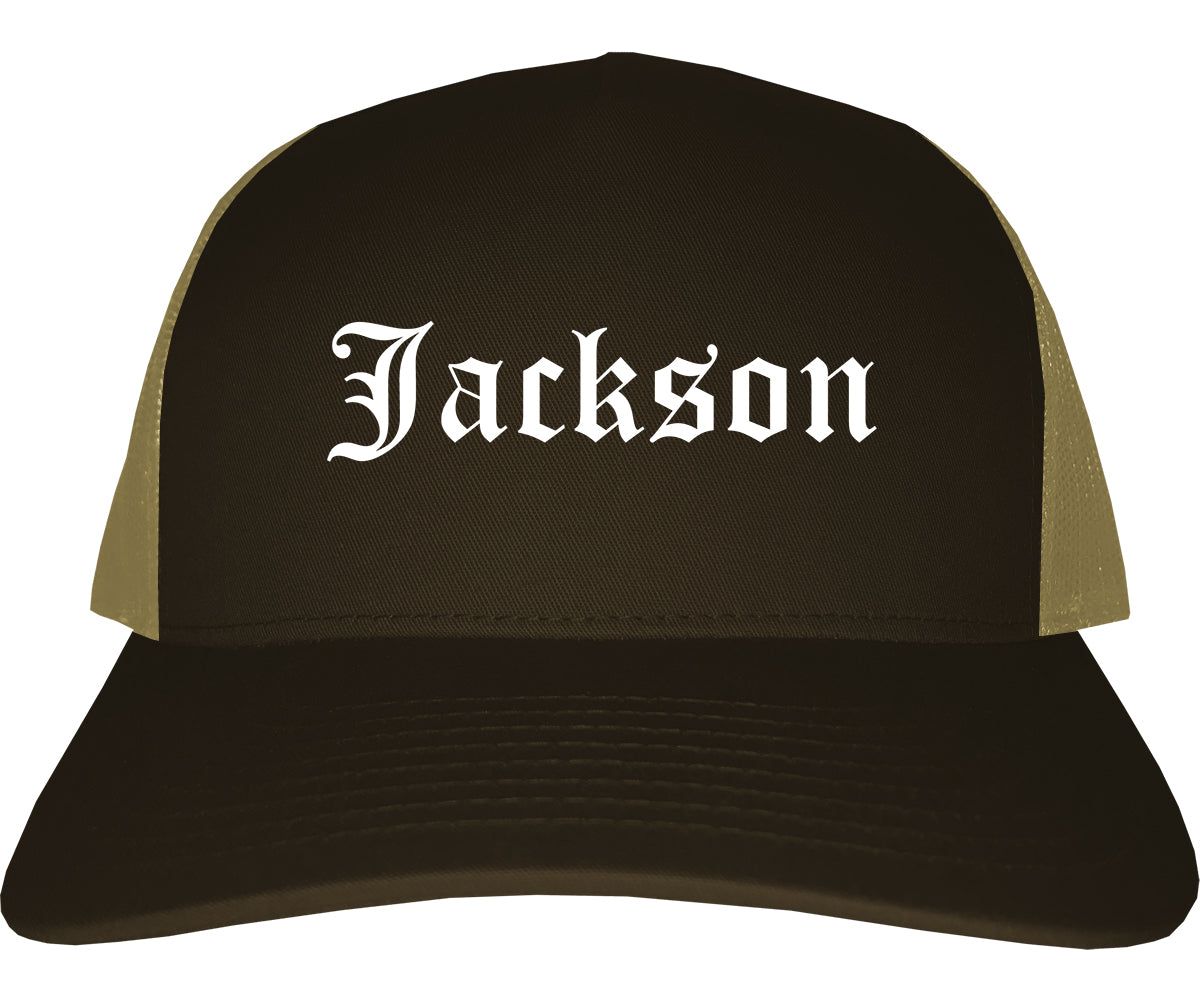 Jackson Michigan MI Old English Mens Trucker Hat Cap Brown