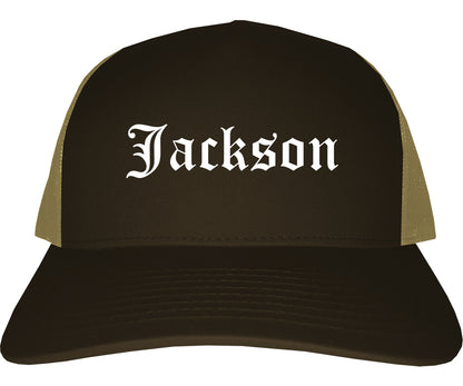 Jackson Michigan MI Old English Mens Trucker Hat Cap Brown