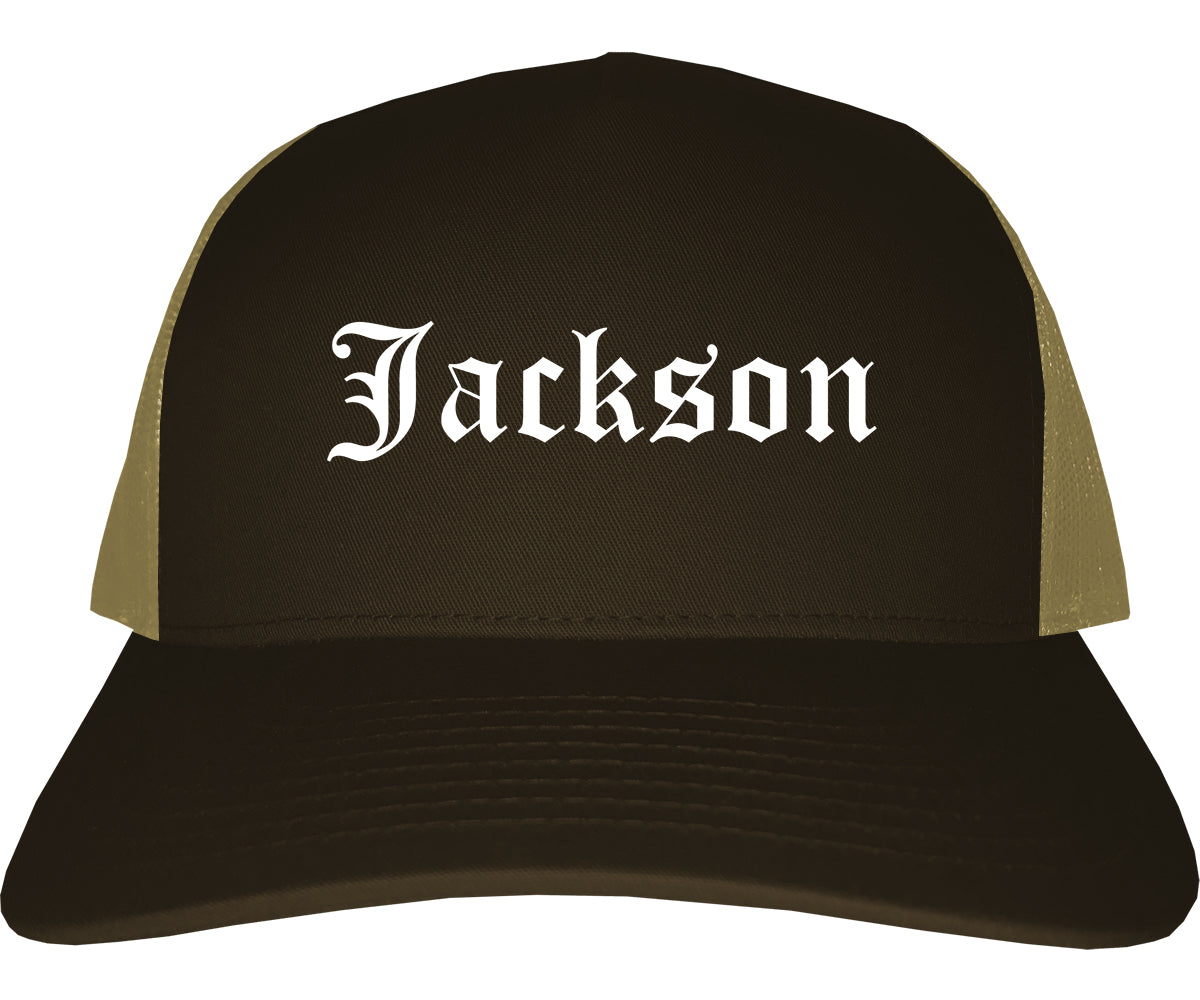 Jackson Wyoming WY Old English Mens Trucker Hat Cap Brown