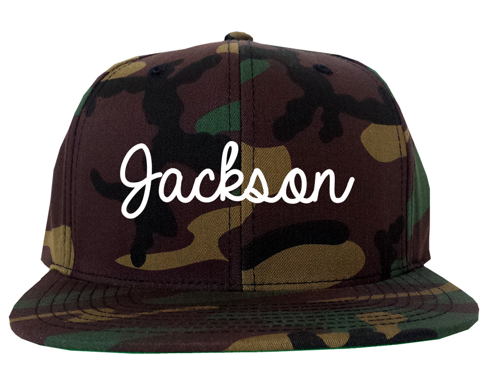 Jackson Wyoming WY Script Mens Snapback Hat Army Camo