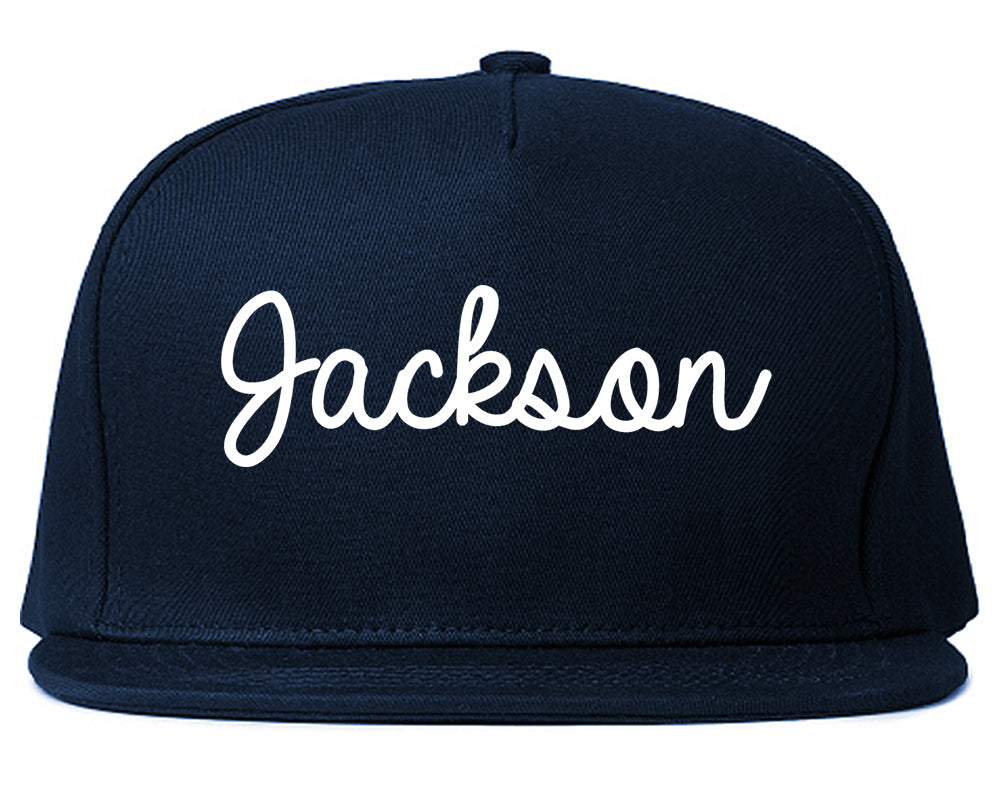 Jackson Wyoming WY Script Mens Snapback Hat Navy Blue