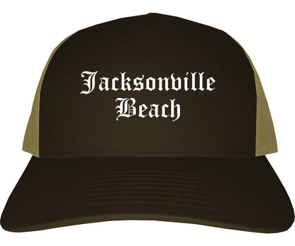 Jacksonville Beach Florida FL Old English Mens Trucker Hat Cap Brown