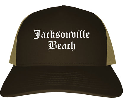 Jacksonville Beach Florida FL Old English Mens Trucker Hat Cap Brown