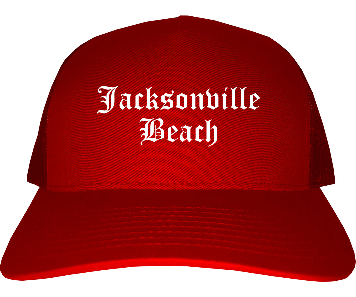 Jacksonville Beach Florida FL Old English Mens Trucker Hat Cap Red