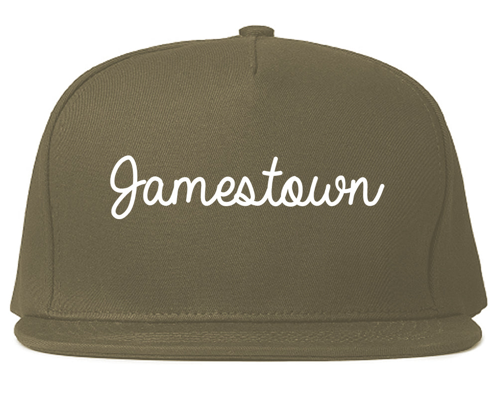 Jamestown New York NY Script Mens Snapback Hat Grey