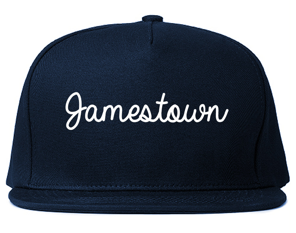 Jamestown New York NY Script Mens Snapback Hat Navy Blue