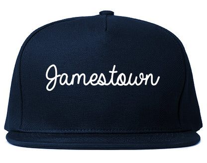 Jamestown New York NY Script Mens Snapback Hat Navy Blue