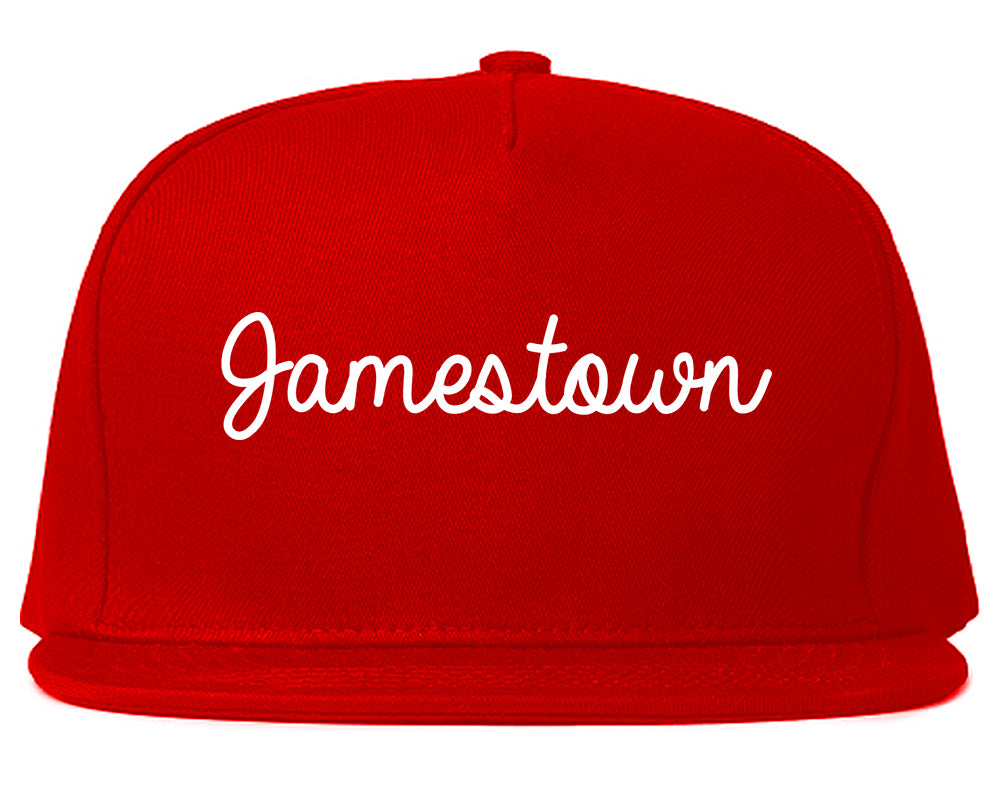 Jamestown New York NY Script Mens Snapback Hat Red