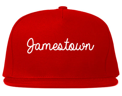 Jamestown New York NY Script Mens Snapback Hat Red