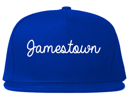 Jamestown New York NY Script Mens Snapback Hat Royal Blue