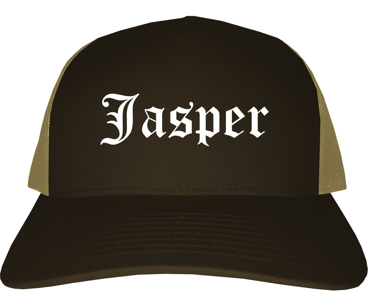Jasper Alabama AL Old English Mens Trucker Hat Cap Brown