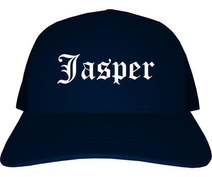 Jasper Alabama AL Old English Mens Trucker Hat Cap Navy Blue