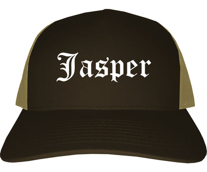 Jasper Indiana IN Old English Mens Trucker Hat Cap Brown