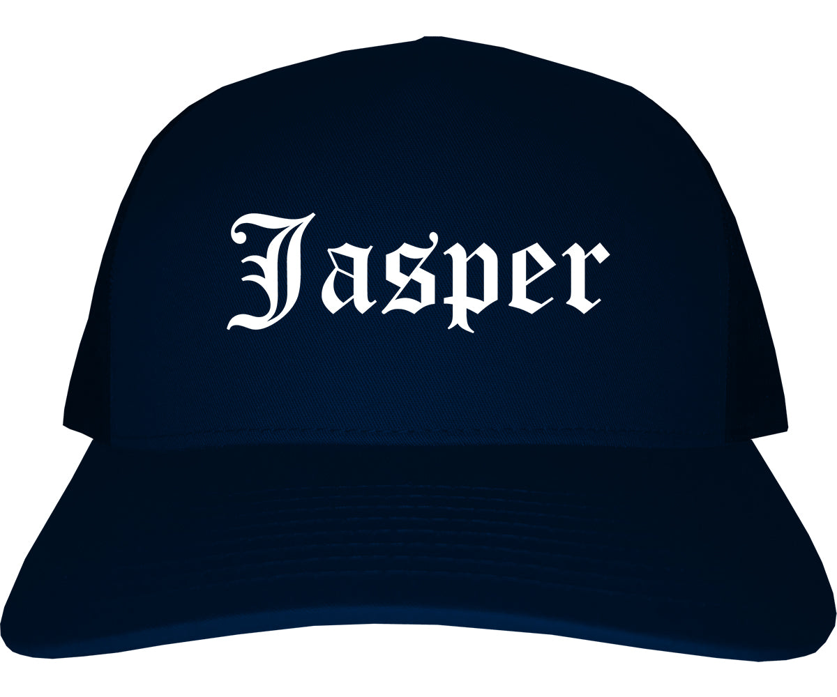 Jasper Indiana IN Old English Mens Trucker Hat Cap Navy Blue