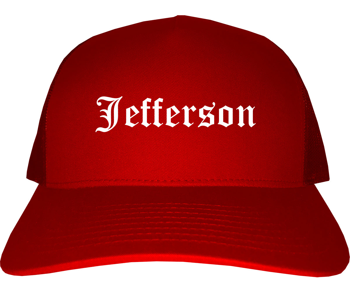 Jefferson Georgia GA Old English Mens Trucker Hat Cap Red