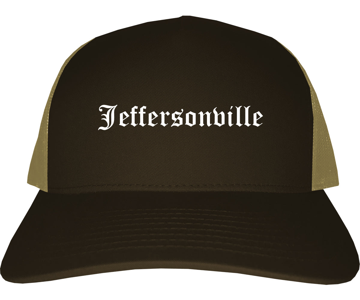Jeffersonville Indiana IN Old English Mens Trucker Hat Cap Brown