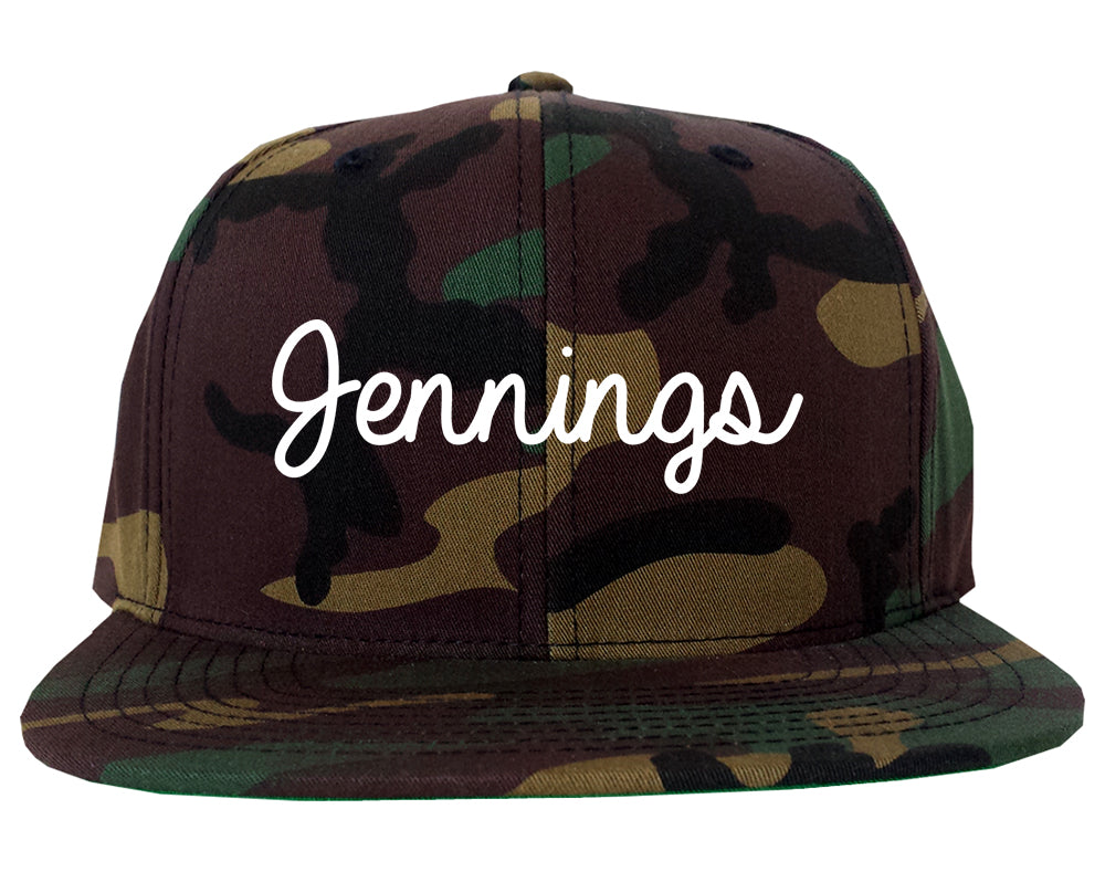 Jennings Louisiana LA Script Mens Snapback Hat Army Camo
