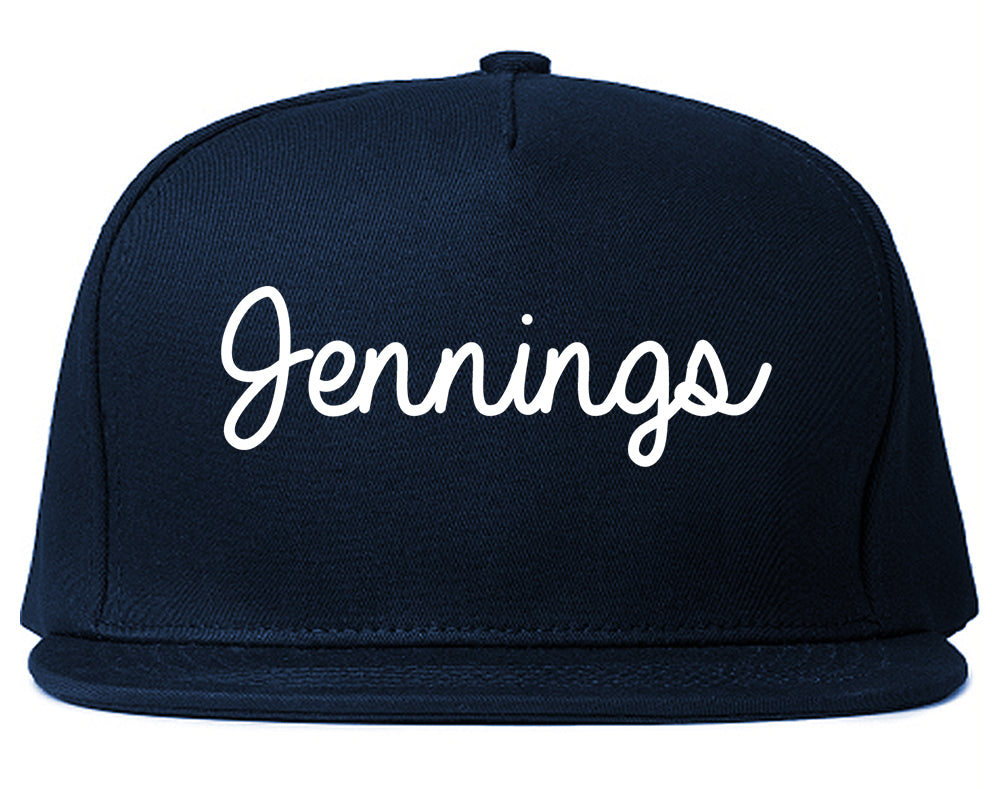 Jennings Louisiana LA Script Mens Snapback Hat Navy Blue