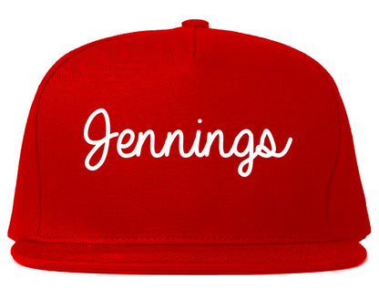 Jennings Louisiana LA Script Mens Snapback Hat Red
