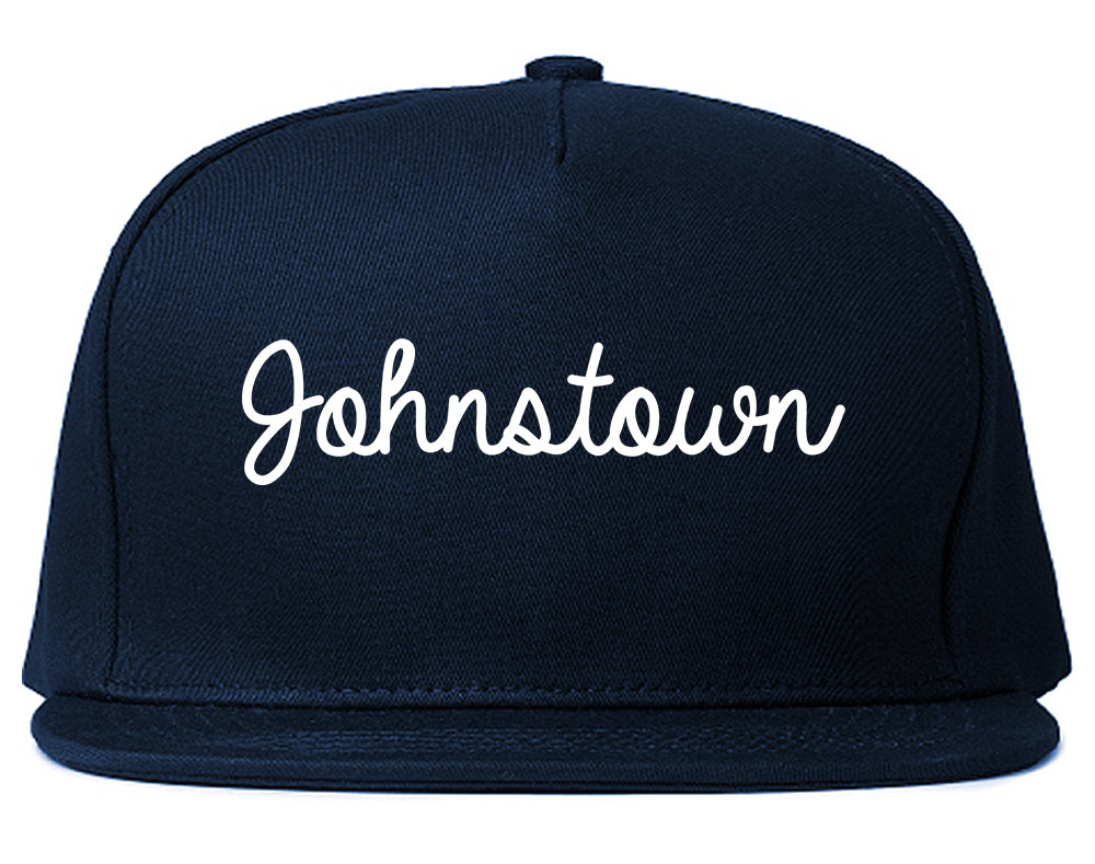 Johnstown Colorado CO Script Mens Snapback Hat Navy Blue