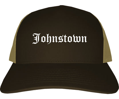 Johnstown New York NY Old English Mens Trucker Hat Cap Brown