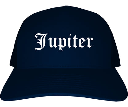 Jupiter Florida FL Old English Mens Trucker Hat Cap Navy Blue