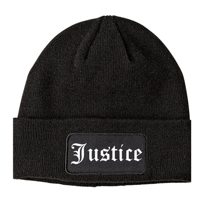 Justice Illinois IL Old English Mens Knit Beanie Hat Cap Black