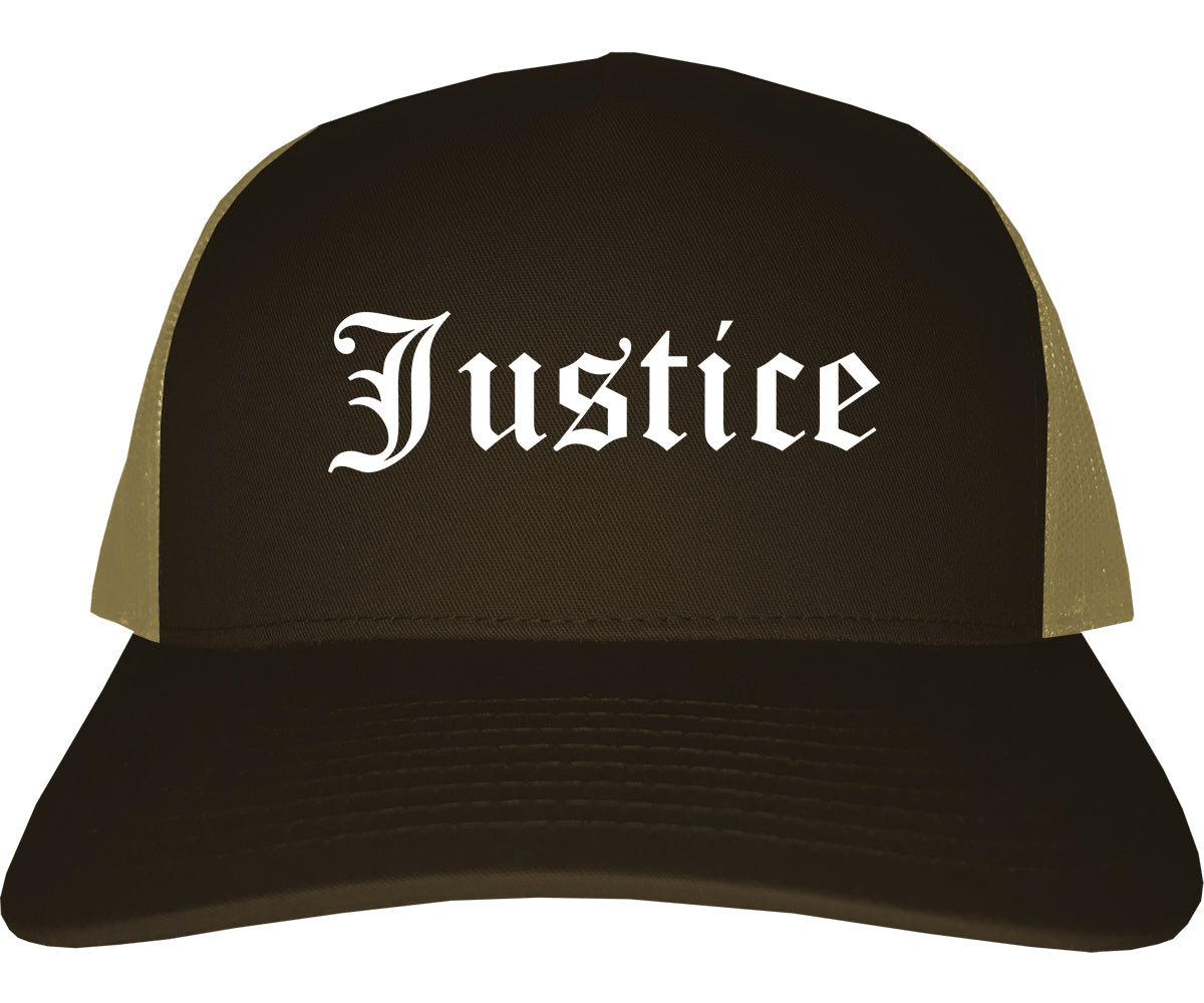 Justice Illinois IL Old English Mens Trucker Hat Cap Brown