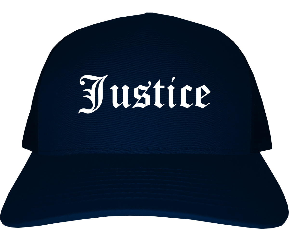 Justice Illinois IL Old English Mens Trucker Hat Cap Navy Blue