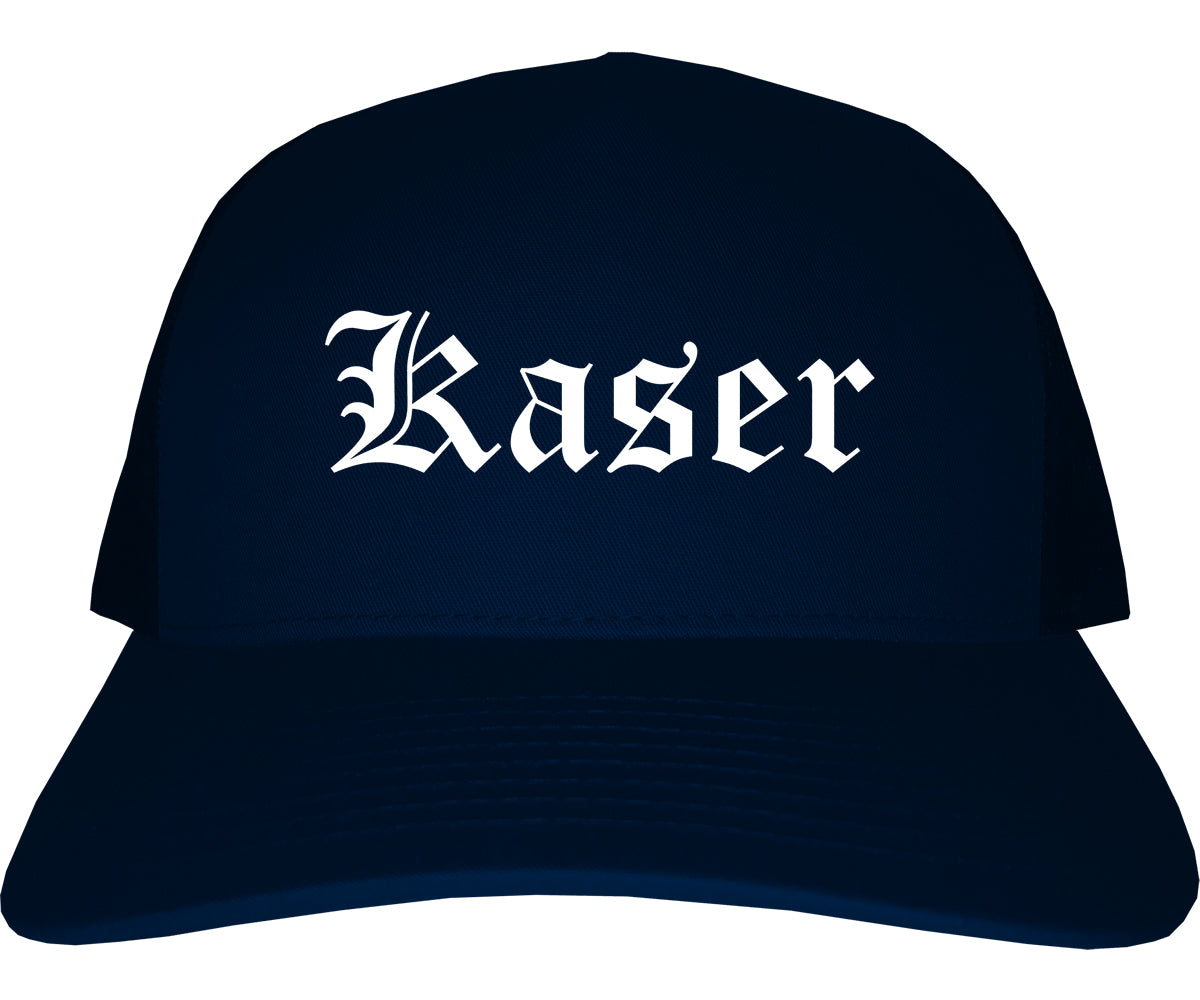 Kaser New York NY Old English Mens Trucker Hat Cap Navy Blue