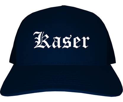 Kaser New York NY Old English Mens Trucker Hat Cap Navy Blue