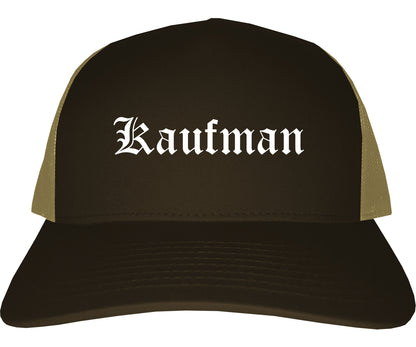 Kaufman Texas TX Old English Mens Trucker Hat Cap Brown