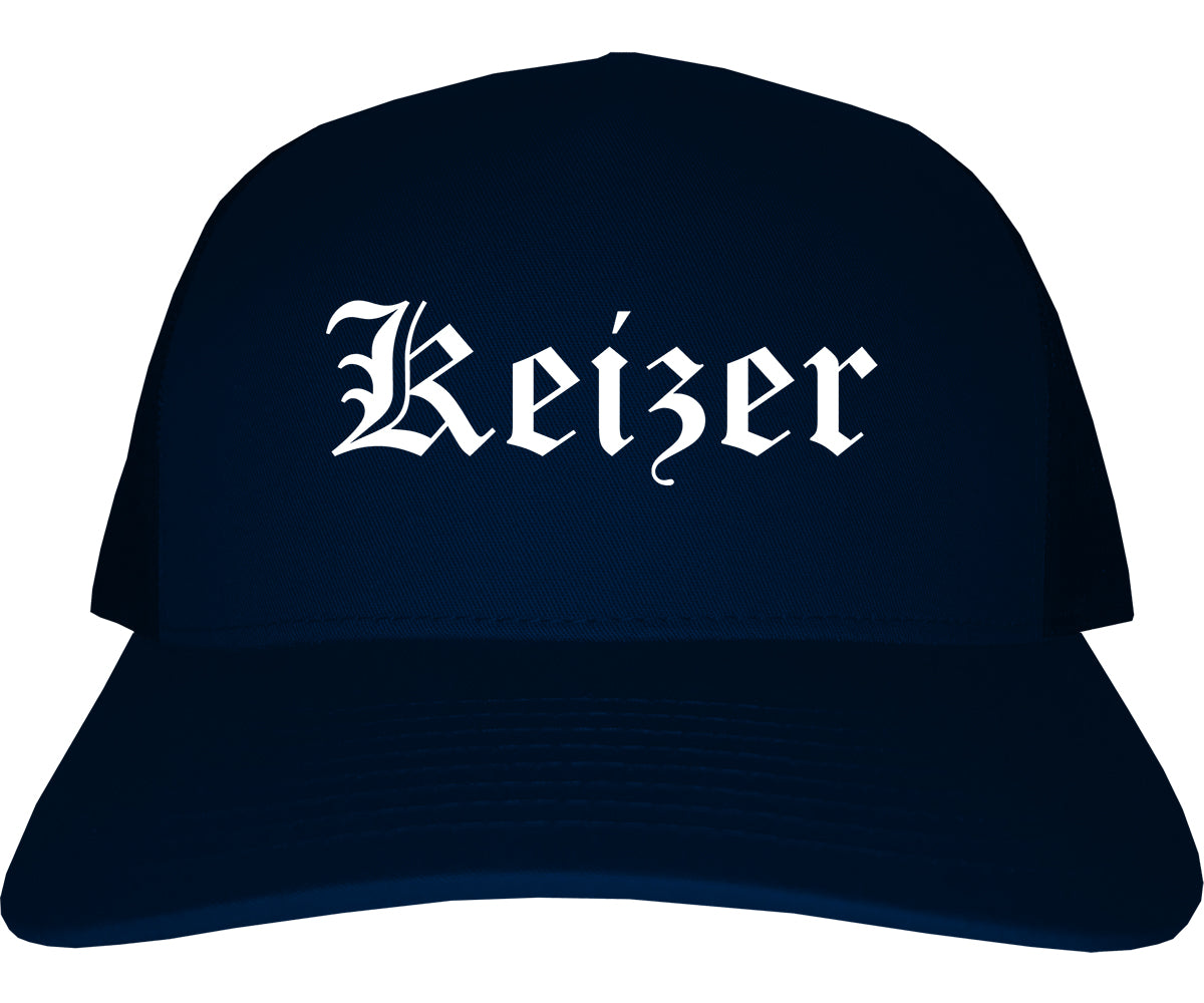 Keizer Oregon OR Old English Mens Trucker Hat Cap Navy Blue
