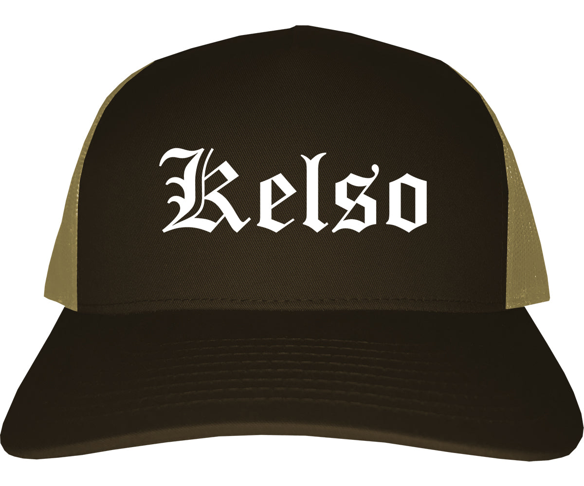 Kelso Washington WA Old English Mens Trucker Hat Cap Brown