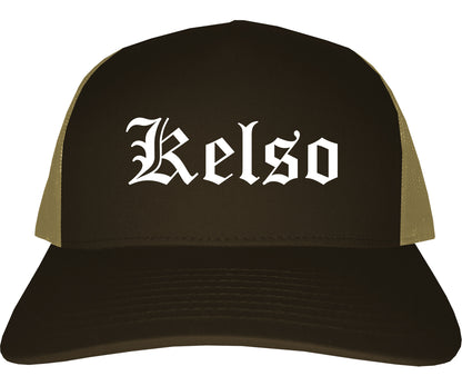 Kelso Washington WA Old English Mens Trucker Hat Cap Brown