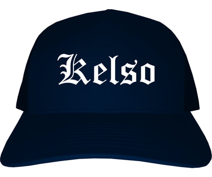 Kelso Washington WA Old English Mens Trucker Hat Cap Navy Blue