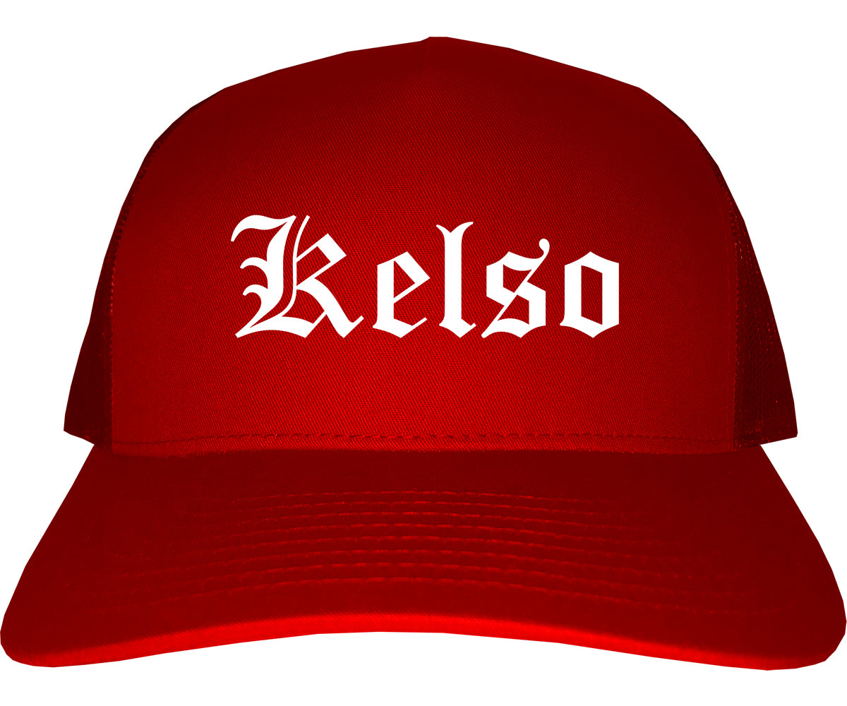 Kelso Washington WA Old English Mens Trucker Hat Cap Red