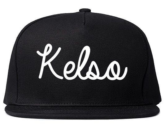 Kelso Washington WA Script Mens Snapback Hat Black