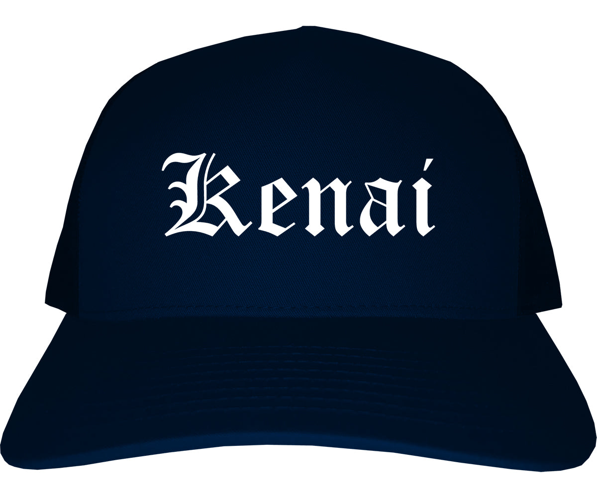 Kenai Alaska AK Old English Mens Trucker Hat Cap Navy Blue