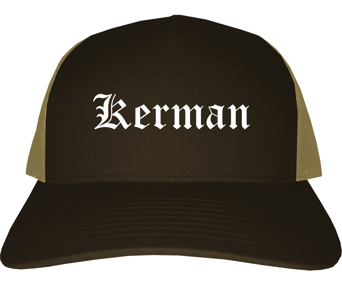 Kerman California CA Old English Mens Trucker Hat Cap Brown
