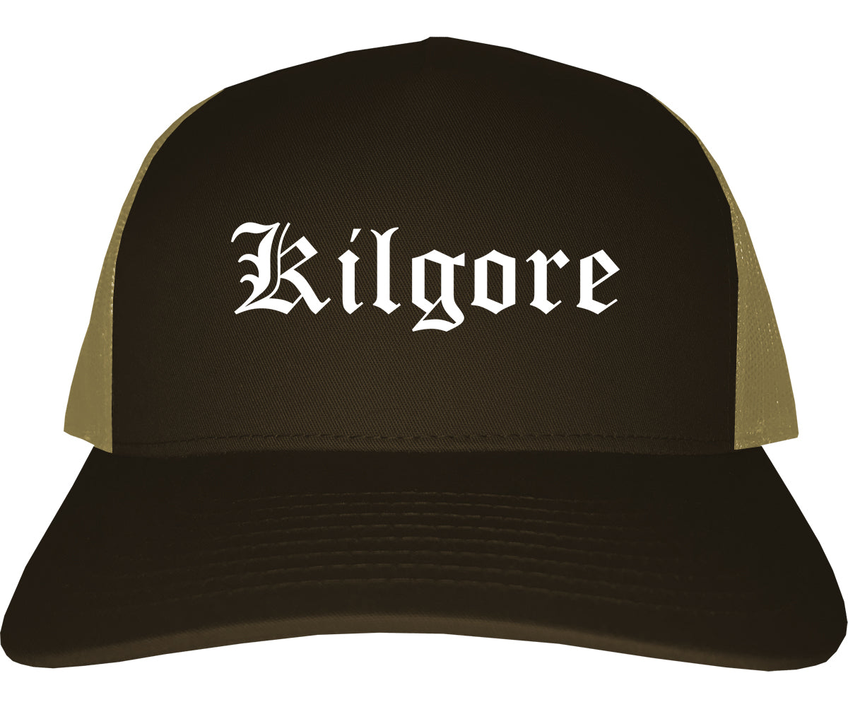 Kilgore Texas TX Old English Mens Trucker Hat Cap Brown