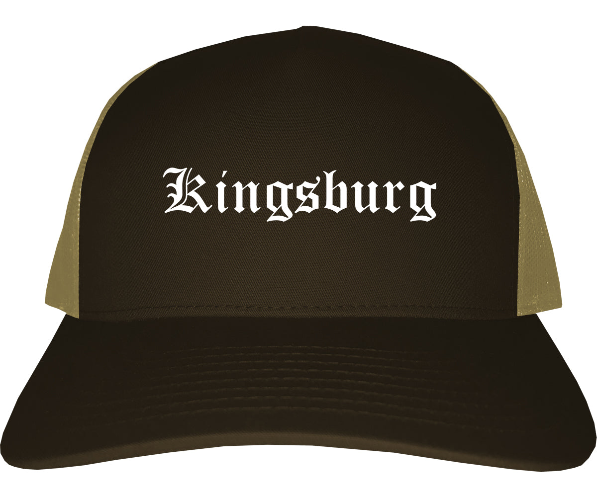Kingsburg California CA Old English Mens Trucker Hat Cap Brown